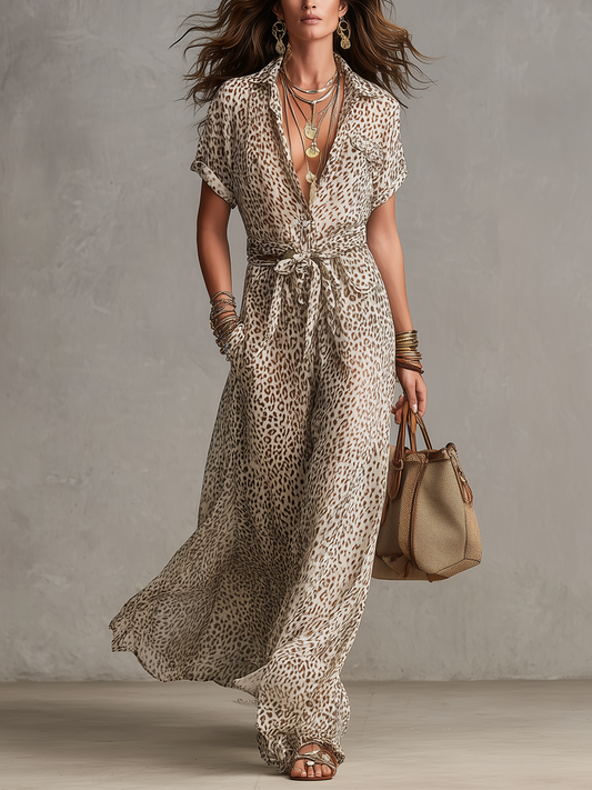 Retro Vacation Leopard Print Belted Dress