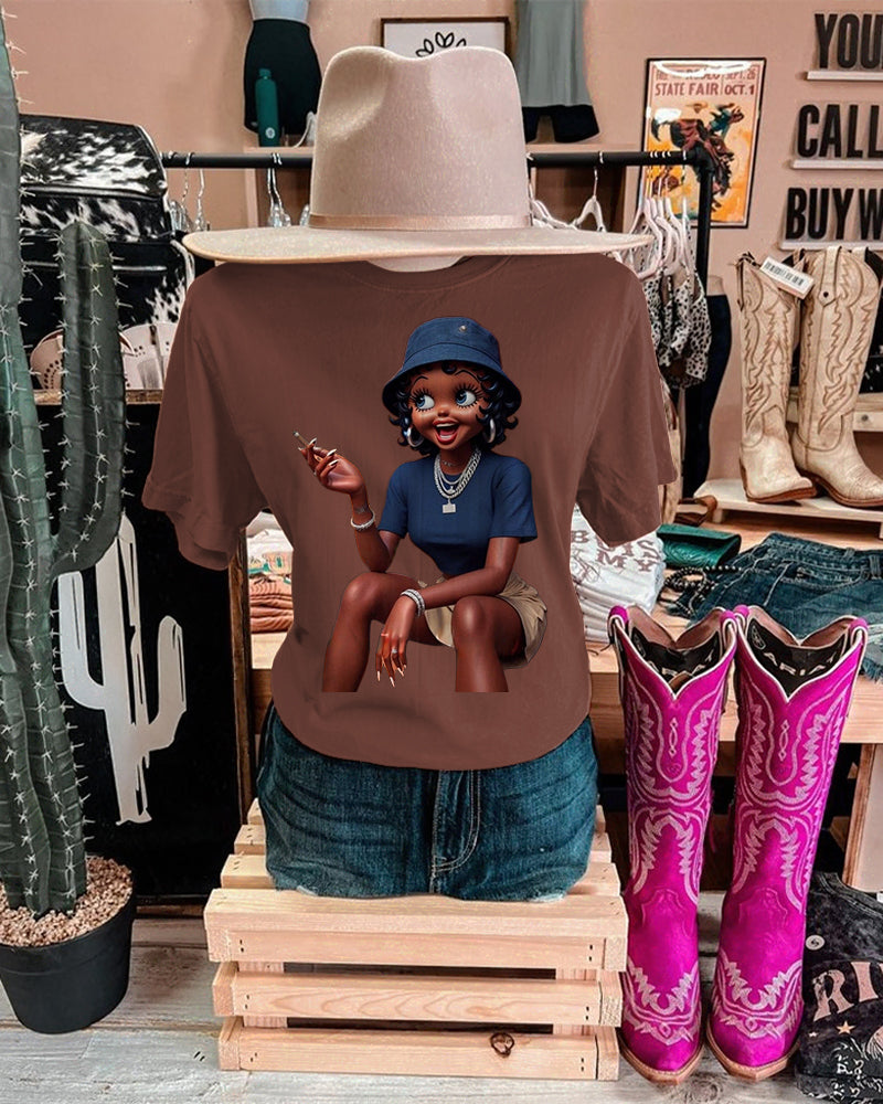 Casual Bucket Hat Black Girl Crew Neck Short Sleeve Cotton T-shirt