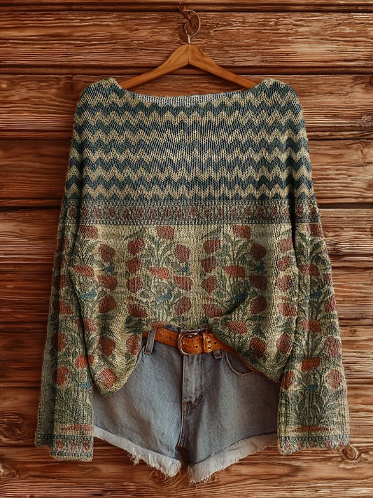 Women's Vintage Bohemian Floral Art Print Casual Pullover Sweater