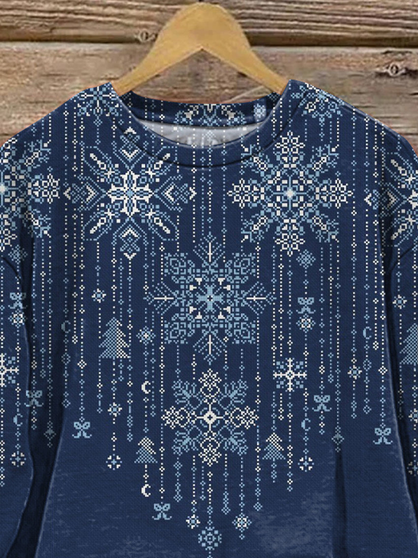 Cross Stitch Style Snowflake Pattern Printed Casual Sweatshirt