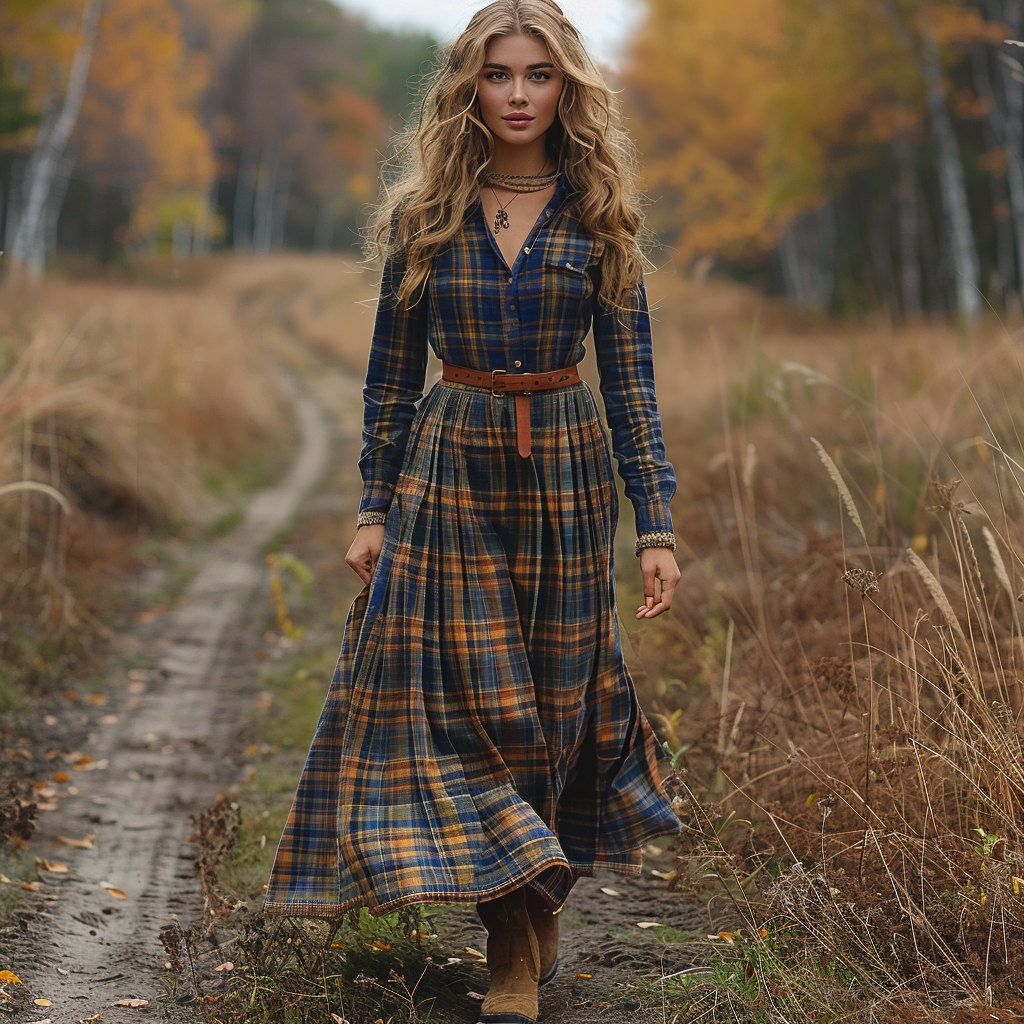 Retro V-neck Plaid Women's Long-sleeved Long Skirt Country Pastoral Retro Dress