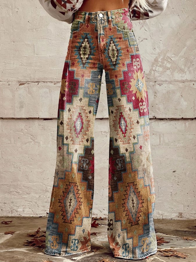 Women's Vintage Geometric Pattern Print Casual Wide Leg Pants