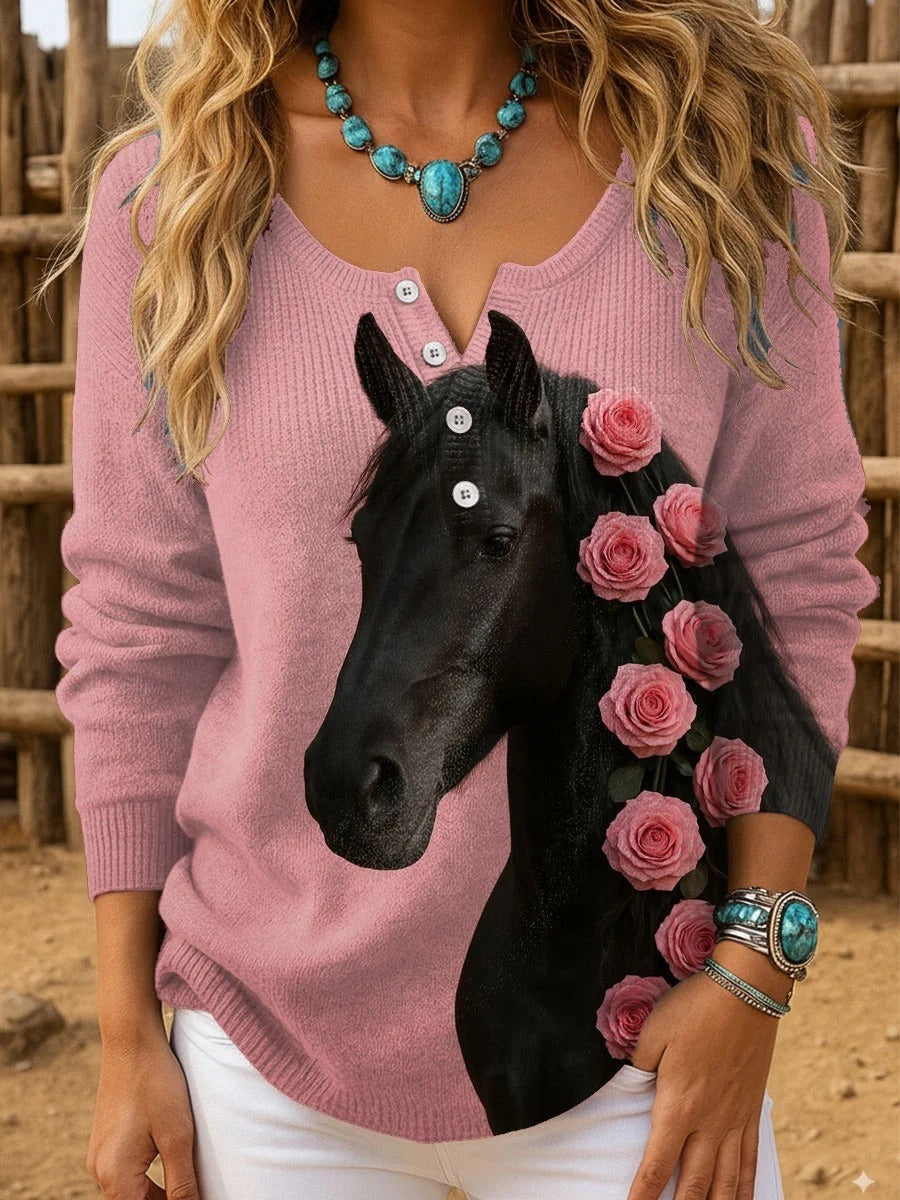 Women's Vintage Art Horse Print Casual  Cotton And Linen Shirt