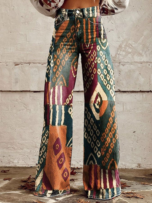 Women's Retro Pattern Print Casual Wide Leg Pants