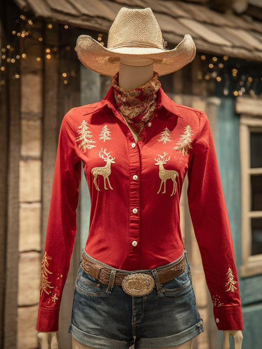 Women's Christmas Elk Print Western Long Sleeve Shirt
