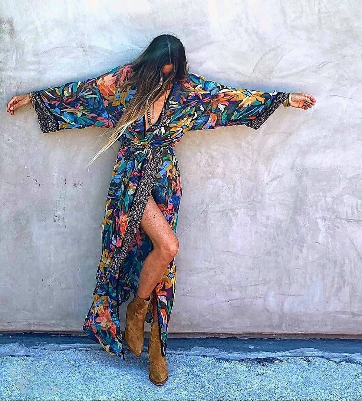 Street Style Loose Camouflage Waist Deep V Long Sleeve Slit Dress