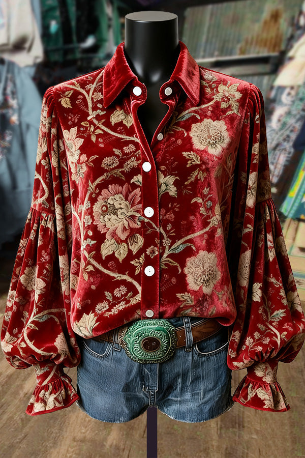 Retro Floral Print Velvet Top