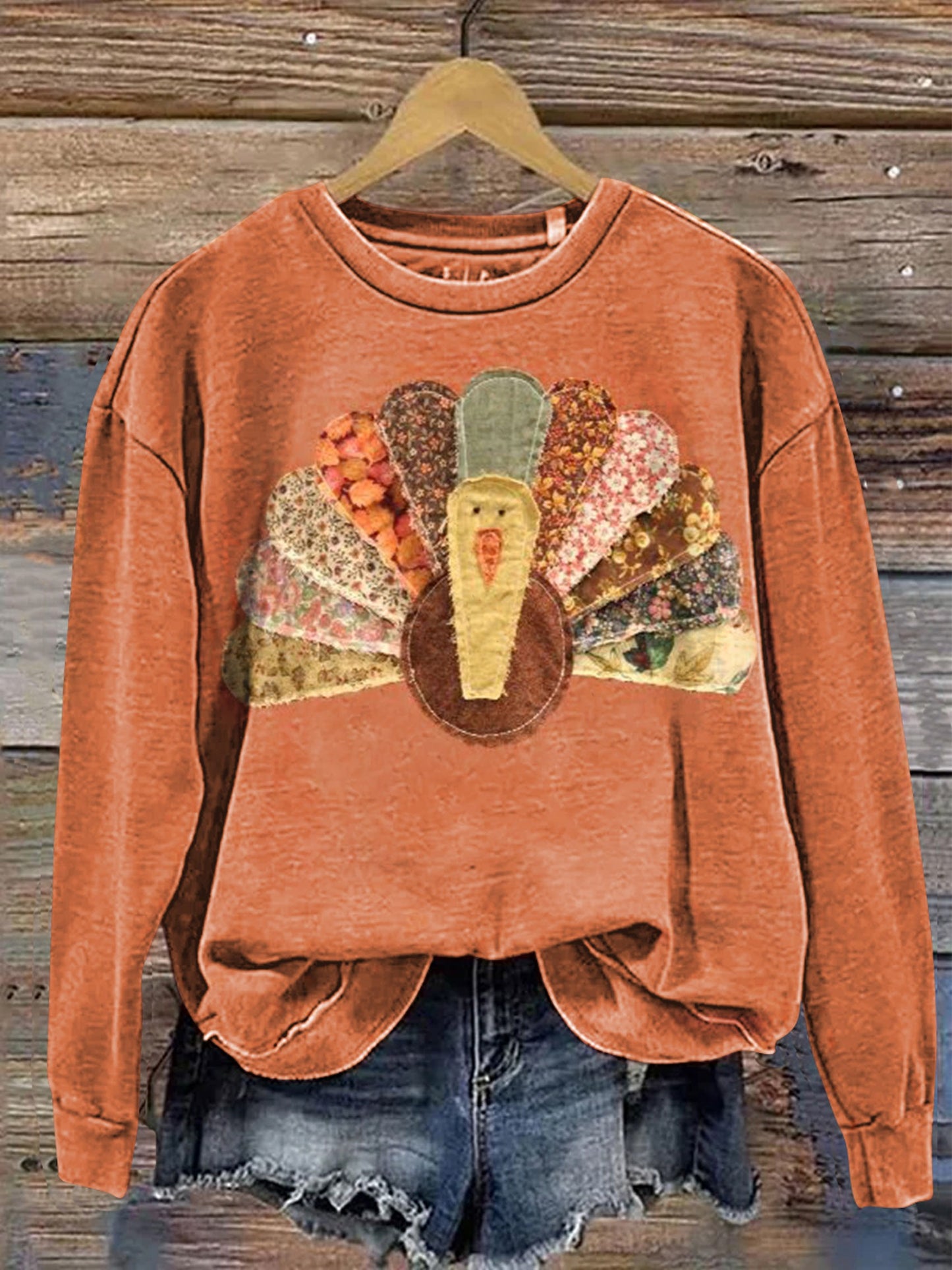 Vintage Patchwork Turkey Print Casual Cotton Sweatshirt