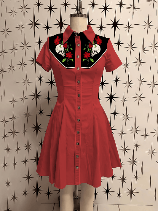 Retro Skull Flower Printed Shirt Dress