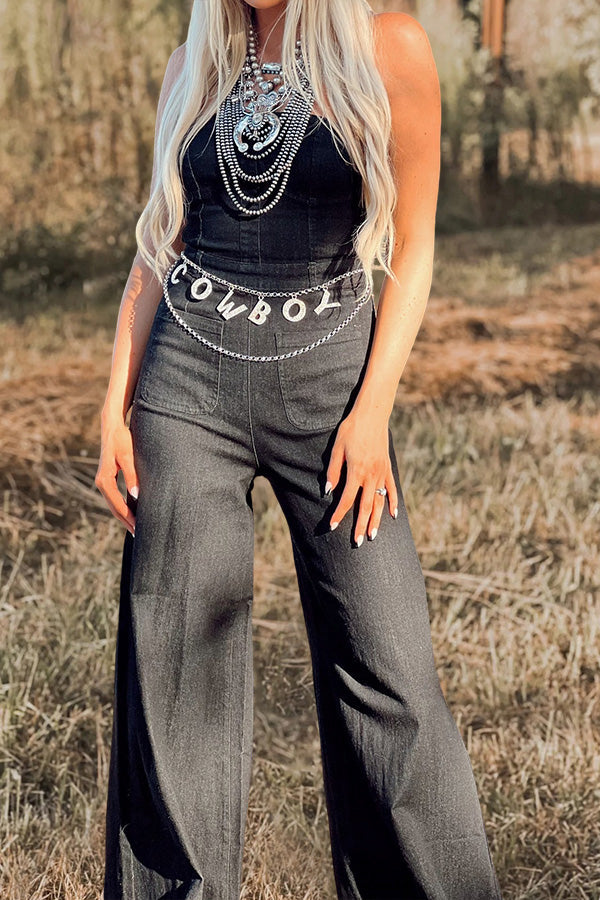 Retro Bandeau Pocket Flare Denim Jumpsuit