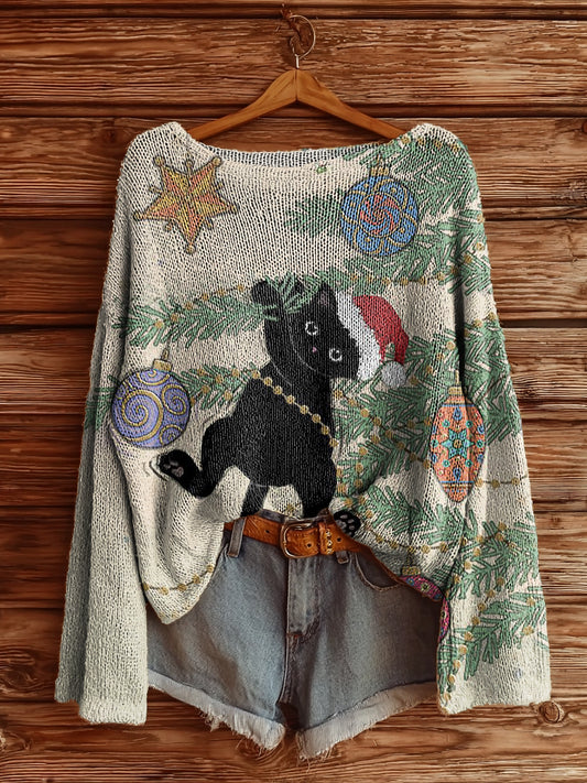 Women's Vintage Christmas Cat Art Print Casual Pullover Sweater