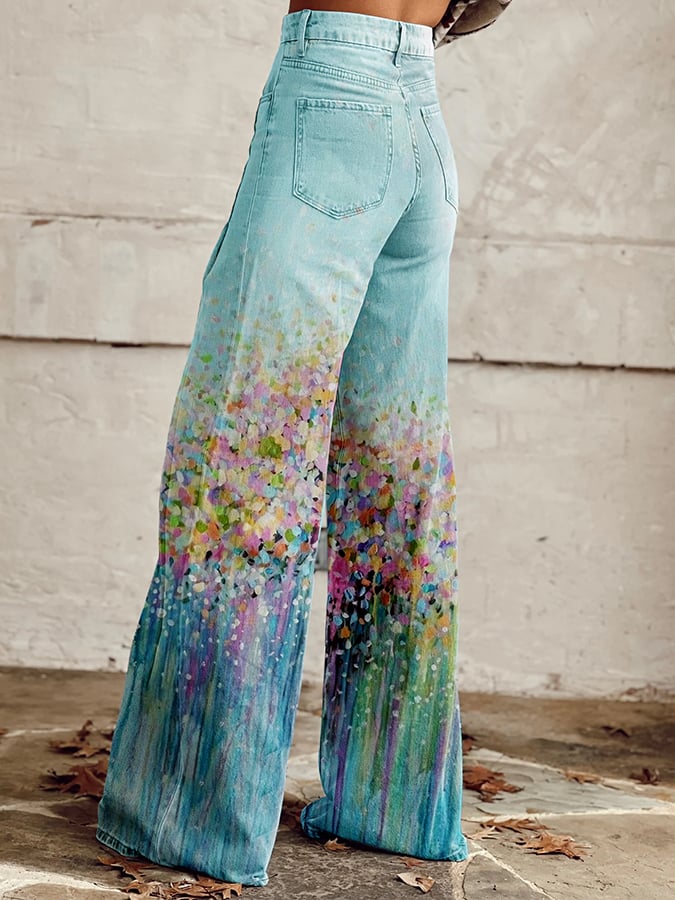 Women's Vintage Oil Painting Floral Wide Leg Pants