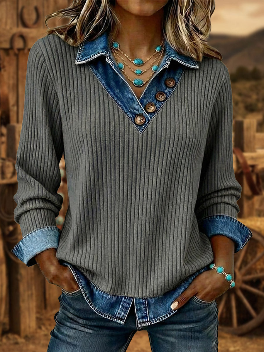 Vintage Aztec Art Print Patchwork Denim Sweatshirt