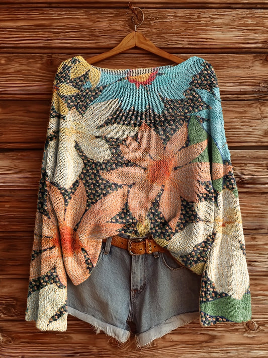 Women's Bohemian Floral Art Print Casual Pullover Sweater