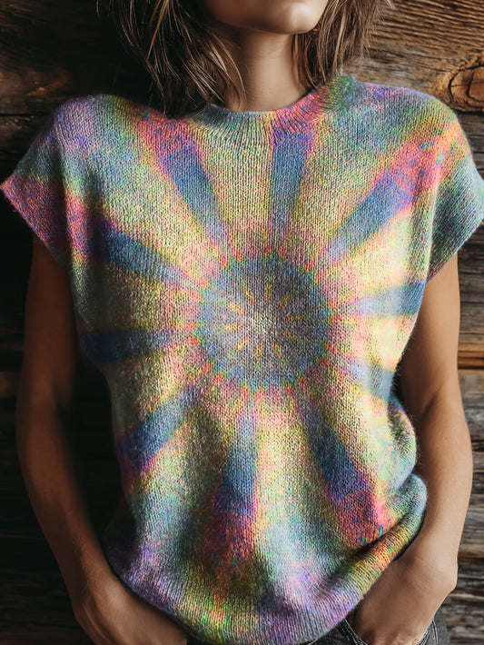 Women's Purple Blue Gradient Kaleidoscope Art Print Casual Crew Neck Short Sleeve Knitted Sweater