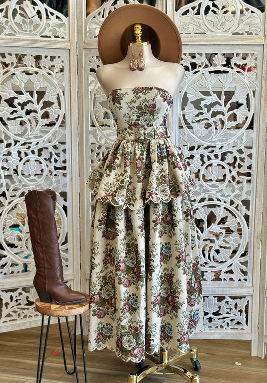 Strapless Floral V Necklace Wavy Lined Dress