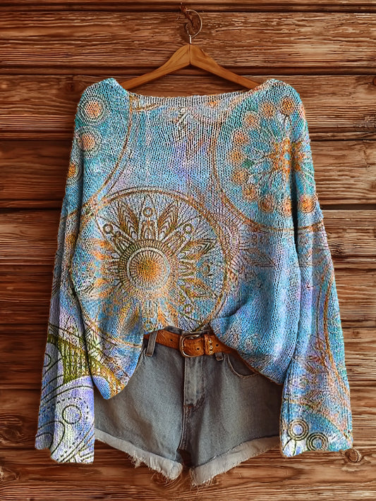 Women's Vintage Mandala Floral Art Print Casual Pullover Sweater