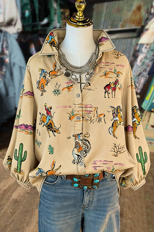 Western Cowboy Print V-Neck Balloon Sleeve Top