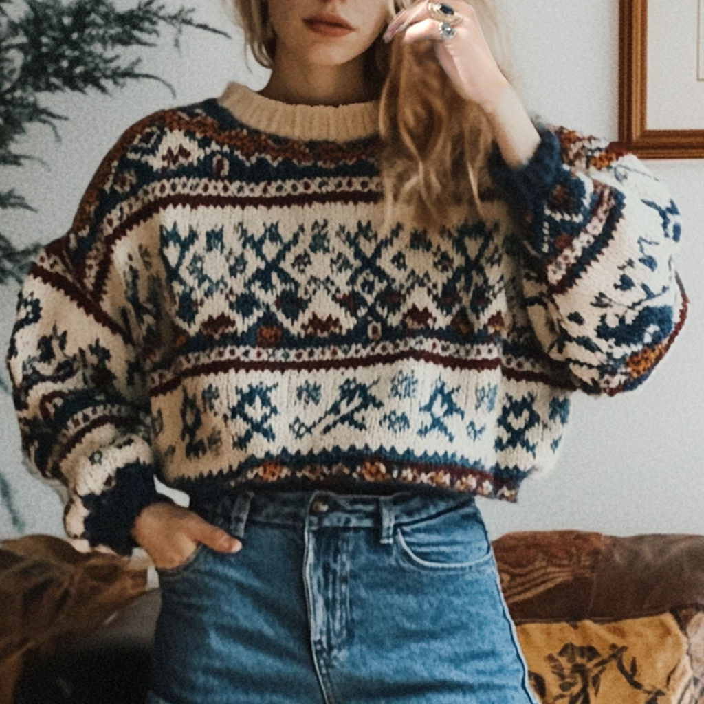 Women's Vintage Geometric Ethnic Style Print Round Neck Oversized Sweatshirt