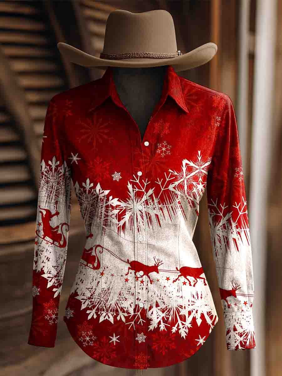 Women's Vintage Print Christmas Western Long Sleeve Shirt