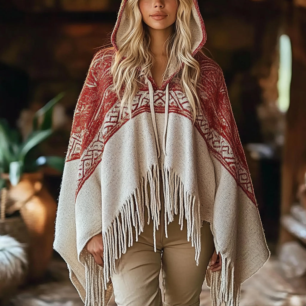 Women's Cape Style Cape Design Retro Ethnic Style Bohemian Style Tassel Print Loose Comfortable Casual Hooded Top