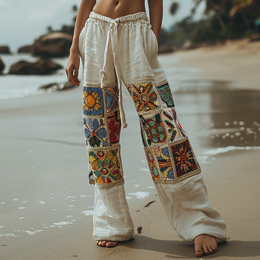 Ethnic Resort Linen Loose Trousers