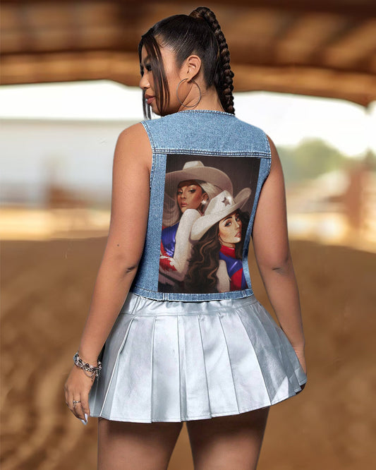 Cute Cartoon Cowboy Carter Tour Low-cut V-neck Buttoned Denim Vest
