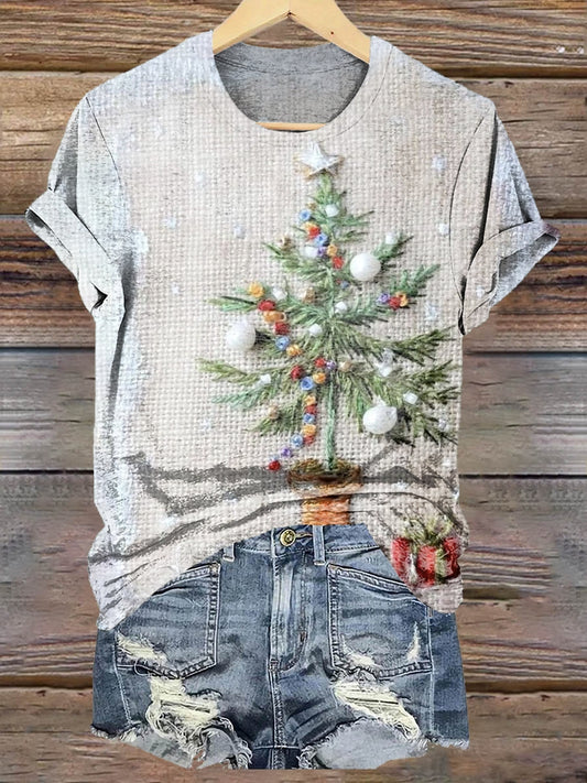 Women's Vintage Christmas Tree Print Crew Neck Casual T-Shirt