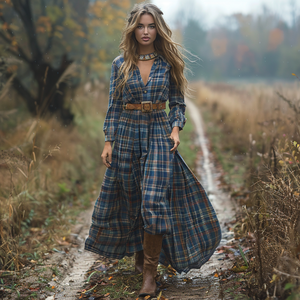 Retro V-neck Plaid Women's Long-sleeved Long Skirt Country Pastoral Retro Dress