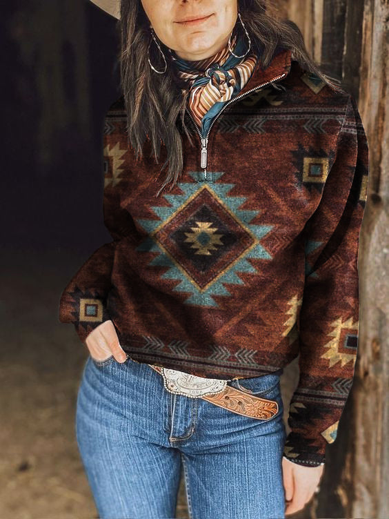 Women's Retro Geometric Shapess Print Zipper Collar Sweatshirt