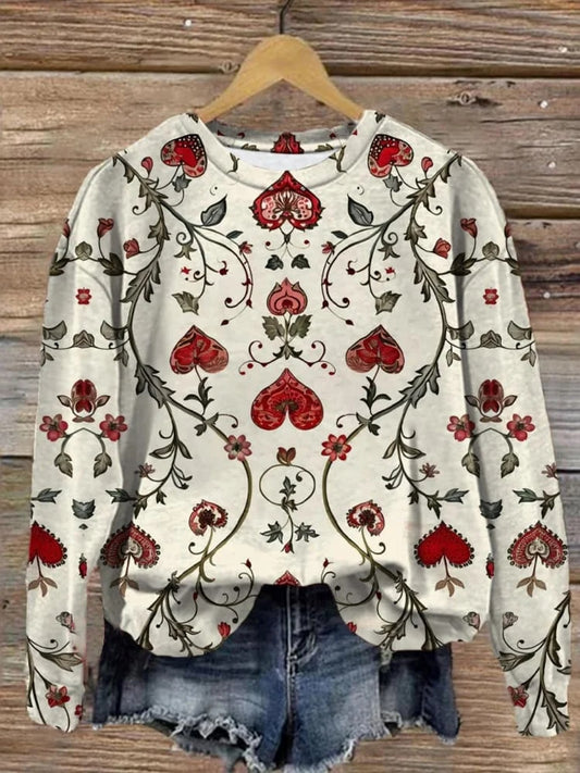 Valentine's Day Heart Floral Art Print Casual Crew Neck Sweatshirt