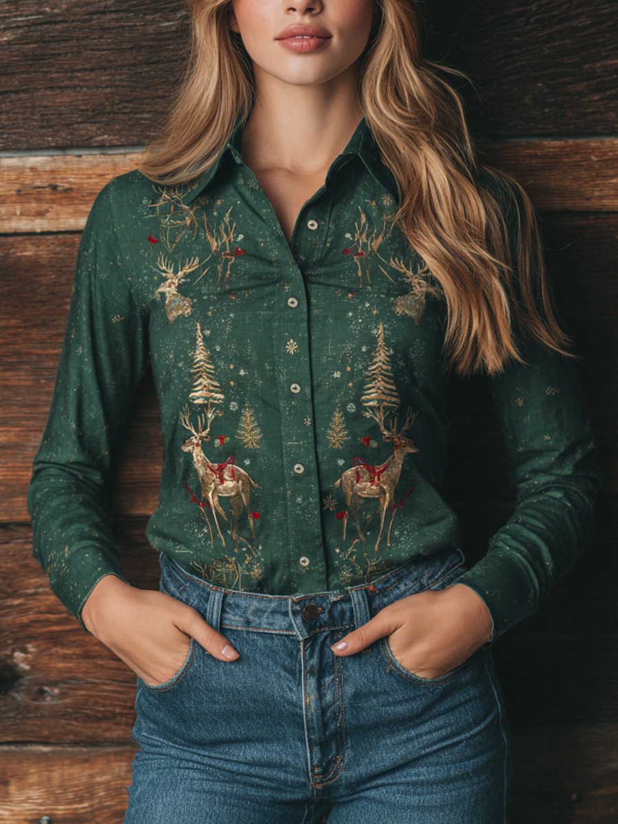 Women's Christmas Elk Print Western Long Sleeve Shirt