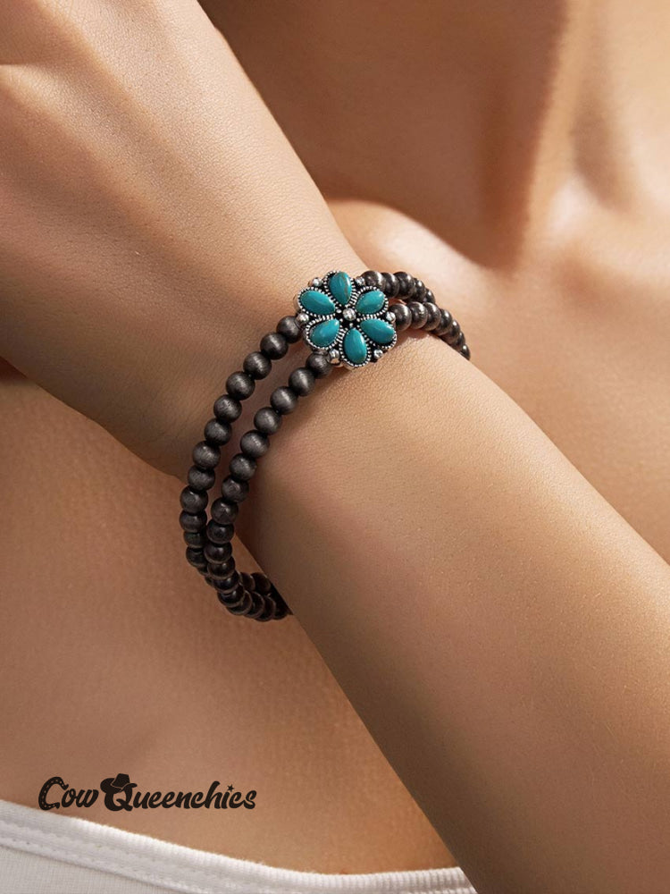Vintage Turquoise Flower Beaded Bracelet