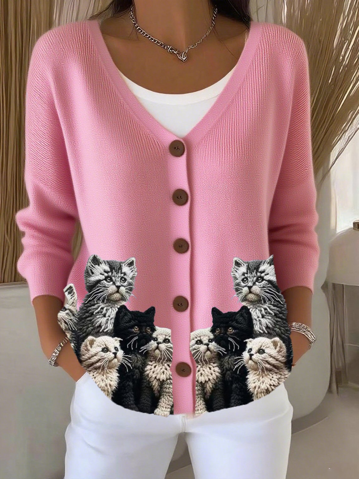Women's cat print casual cardigan