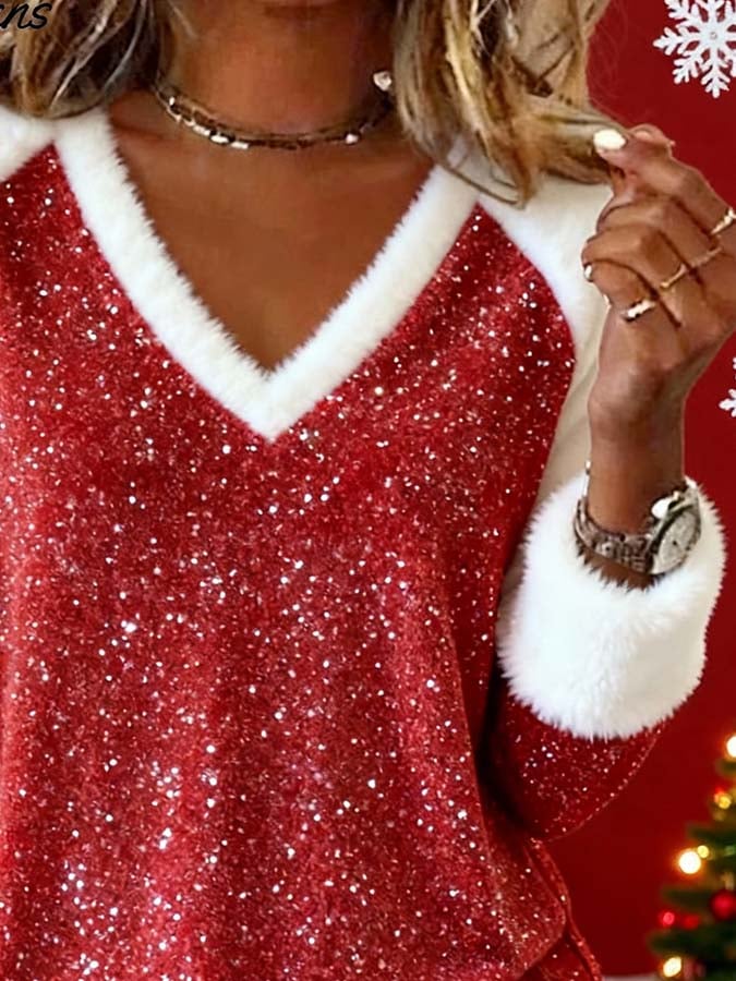 Women'S Casual Plush Contrast Color Stitching Christmas Top