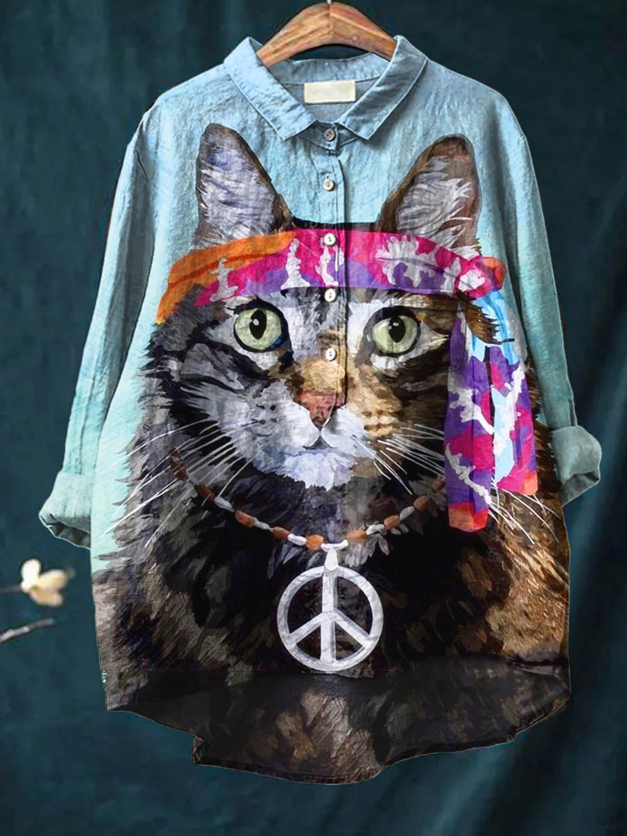 Peace And Love Cat Art Pattern Print Casual Cotton And Linen Shirt