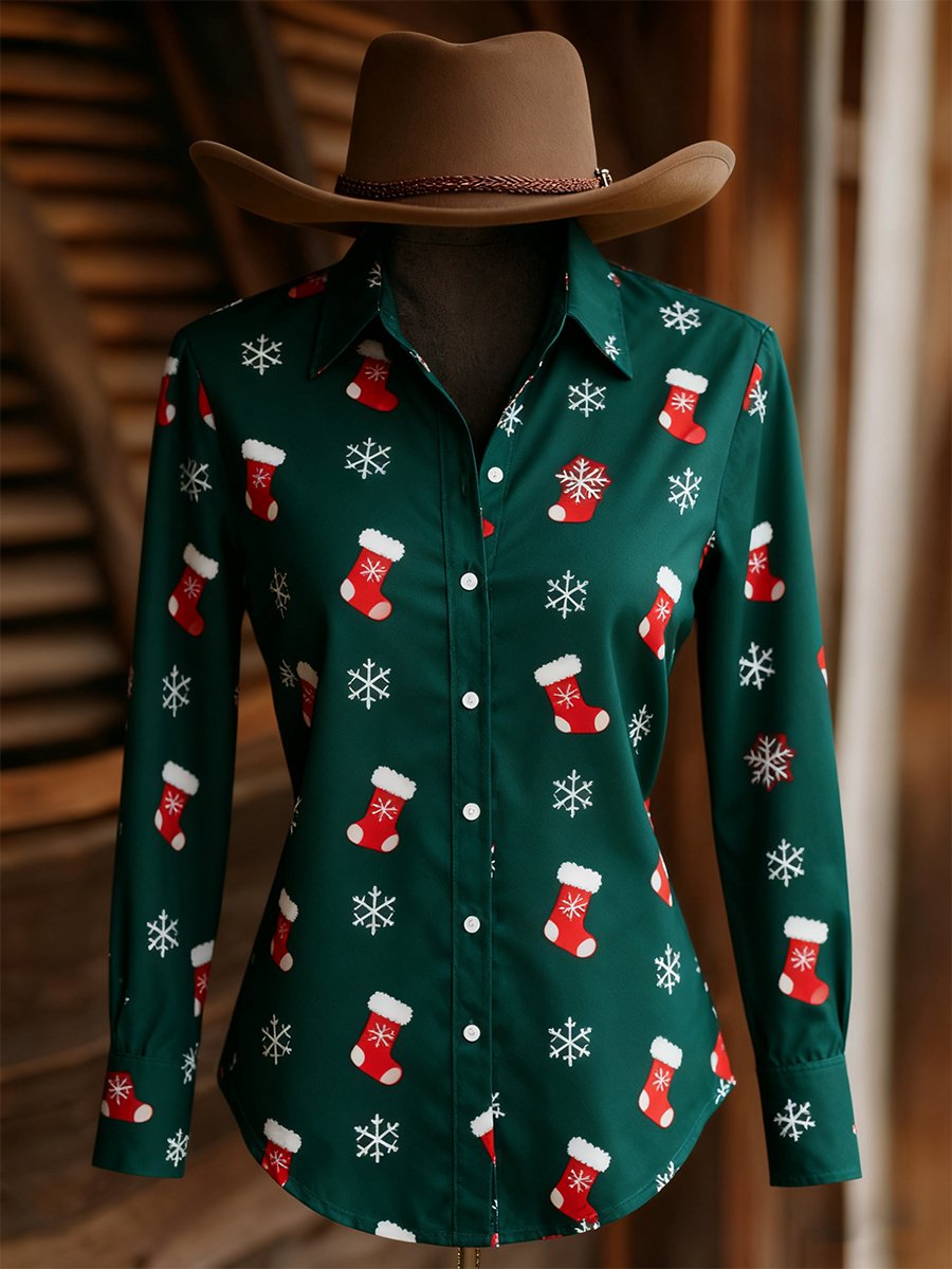 Women's Vintage Casual Western Christmas Long Sleeve Shirt
