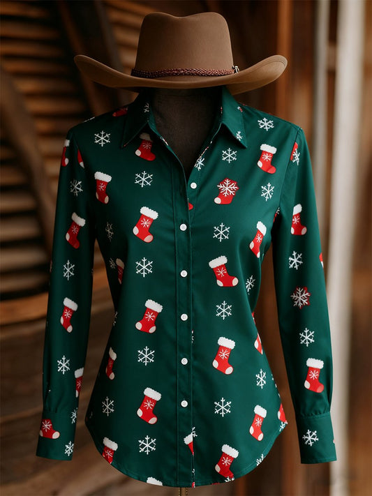 Women&#39;s Vintage Casual Western Christmas Long Sleeve Shirt