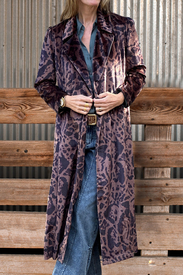 Retro Printed Double-Breasted Pockets Velvet Duster