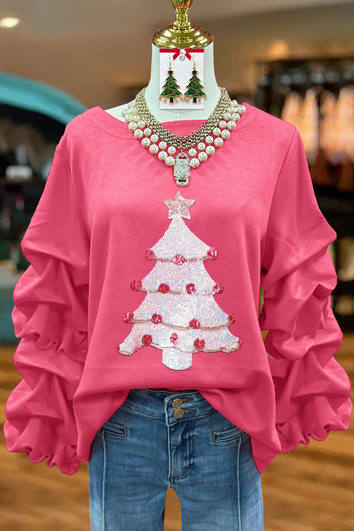 Sweet Christmas Tree Sequined Pleated Top