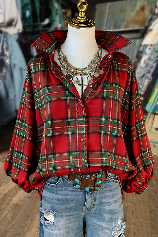 Classic Plaid Button Up Balloon Sleeve Top