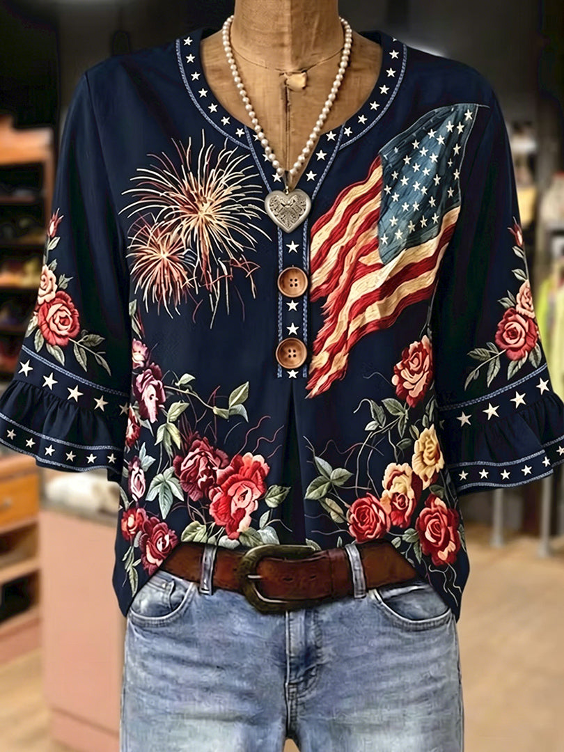 Women's Vintage American Flag Floral Print Notch Neck Ruffle Sleeve Blouse