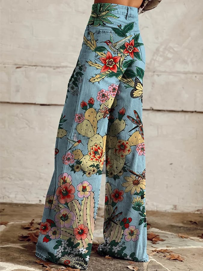 Women's Vintage Botanical Floral Wide Leg Pants