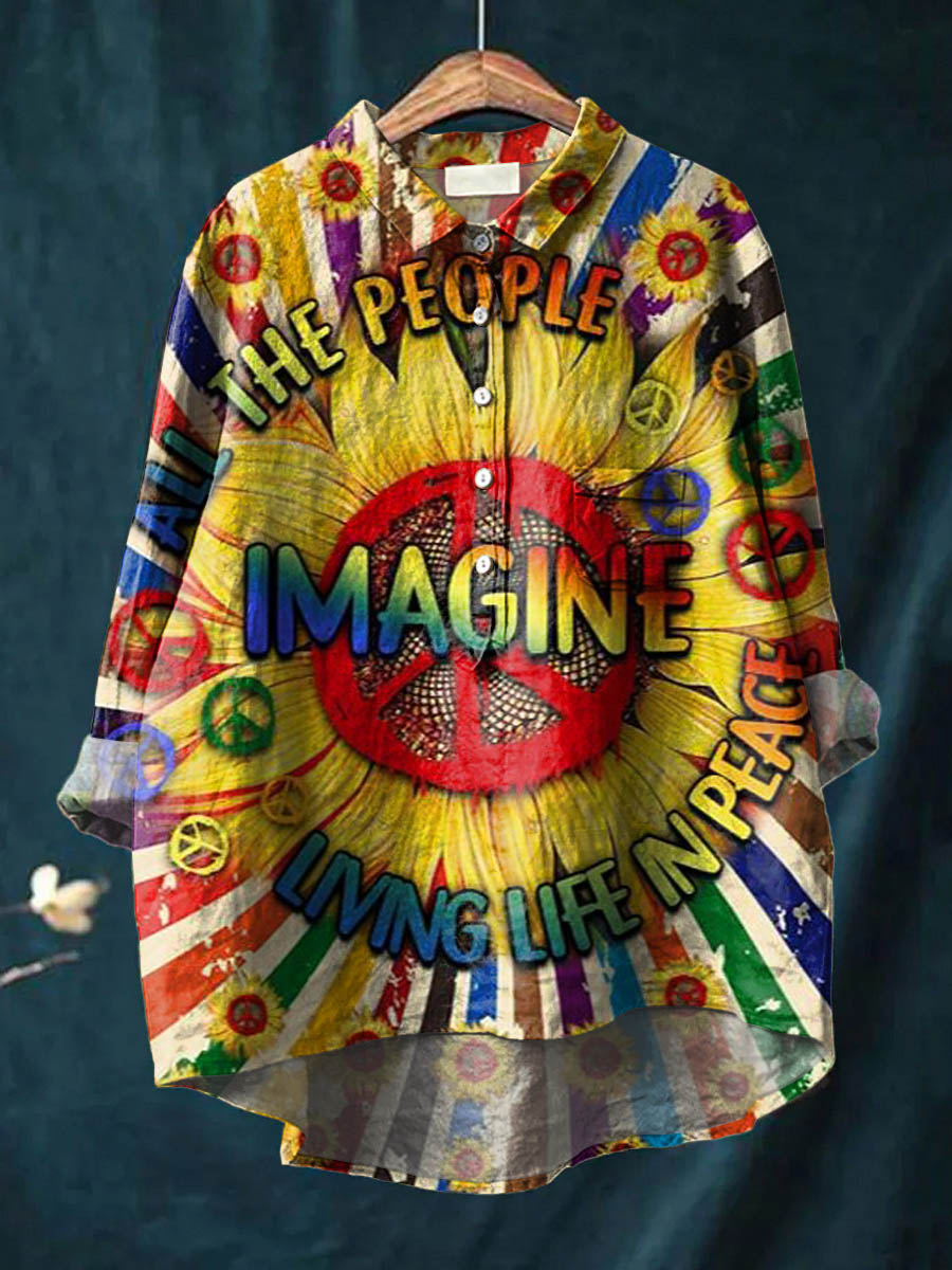 Vintage Peace And Love Imagine All The People Living Life In Peace Art Print Casual Cotton And Linen Shirt