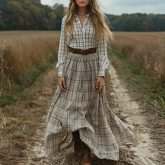 Retro V-neck Plaid Women's Long-sleeved Long Skirt Country Pastoral Retro Dress