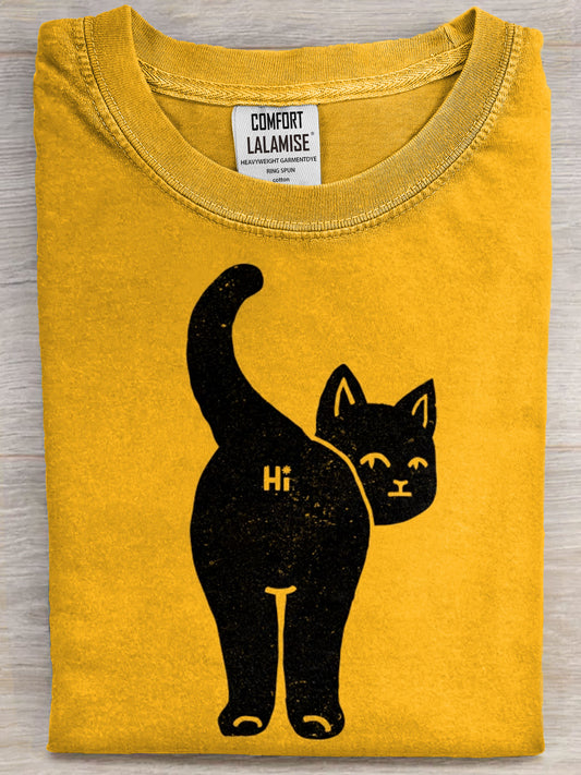 Hi Funny Black Cat Art Print Casual Short Sleeve T-shirt