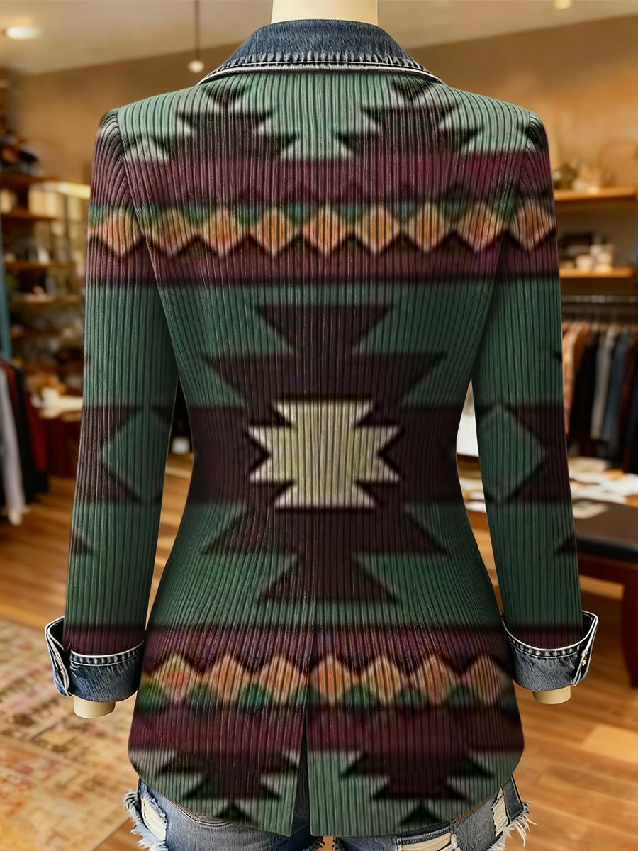 Vintage Aztec Art Print Patchwork Denim Sweater Cardigan Coat