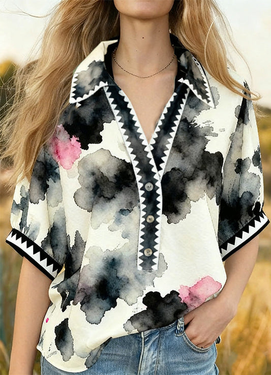 Abstract Print Colalred Short Sleeve Top