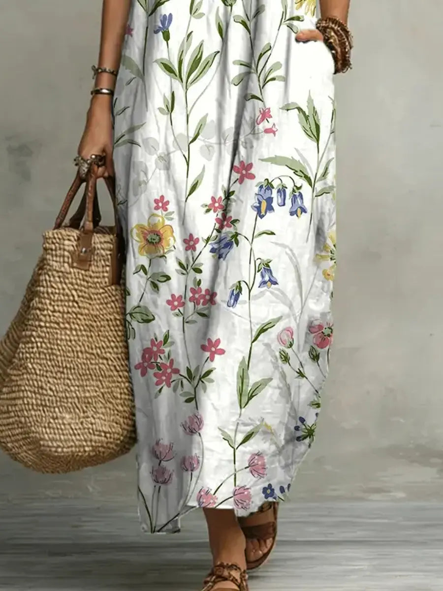 Women's Floral Pattern Art Print Casual Ruffled Stylish Cotton Linen Dress