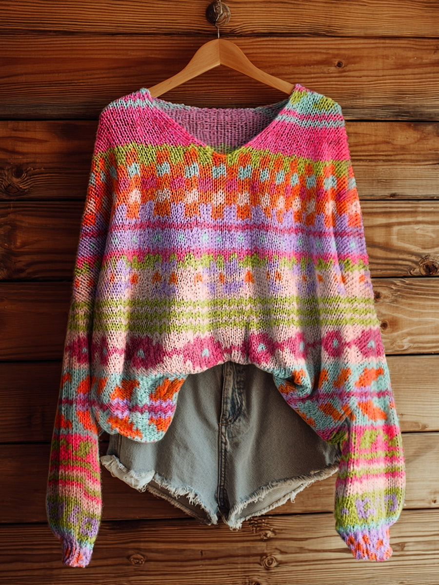 Women's Colorful Striped Floral Art Pattern Print Casual V Neck Pullover Sweater